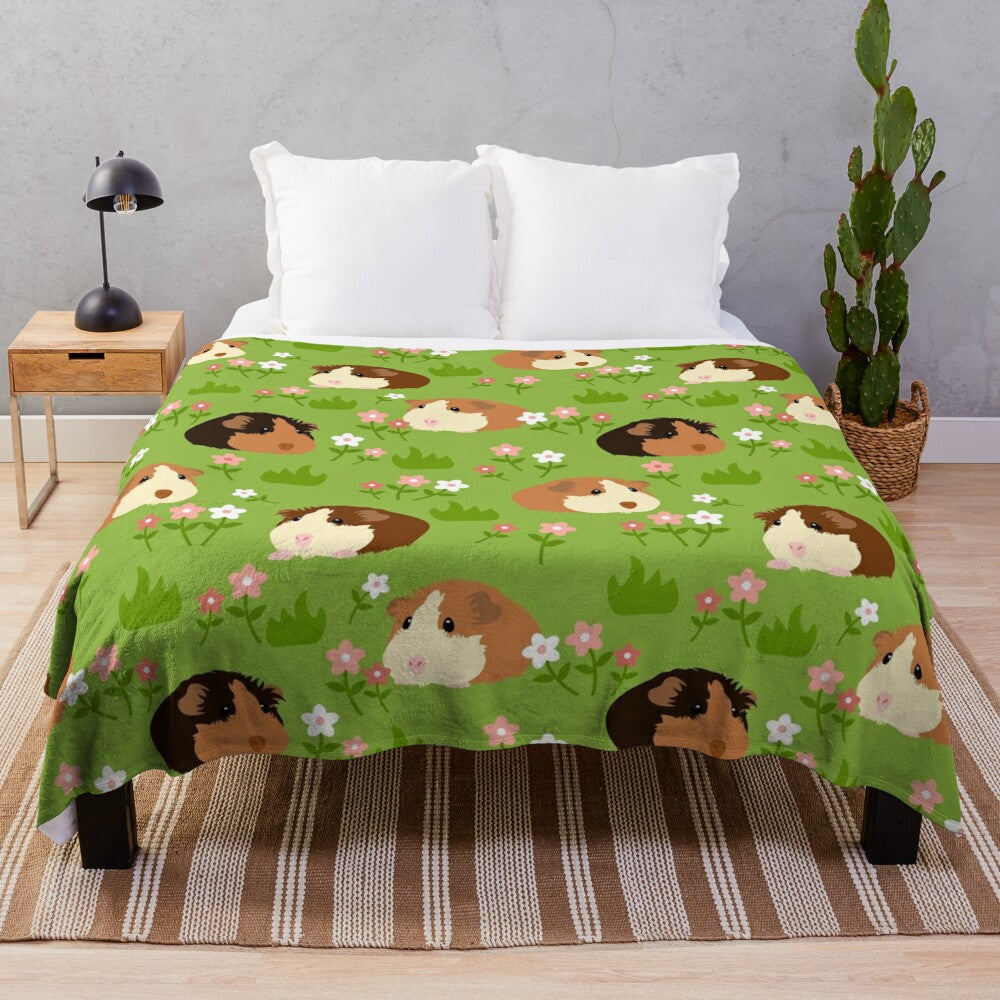 Soft and cozy plush blanket featuring an adorable guinea pig surrounded by beautiful spring flowers