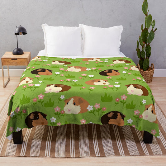 Soft and cozy plush blanket featuring an adorable guinea pig surrounded by beautiful spring flowers