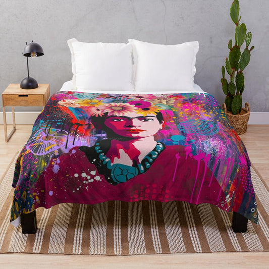 Frida Kahlo-inspired plush blanket with vibrant pop art design