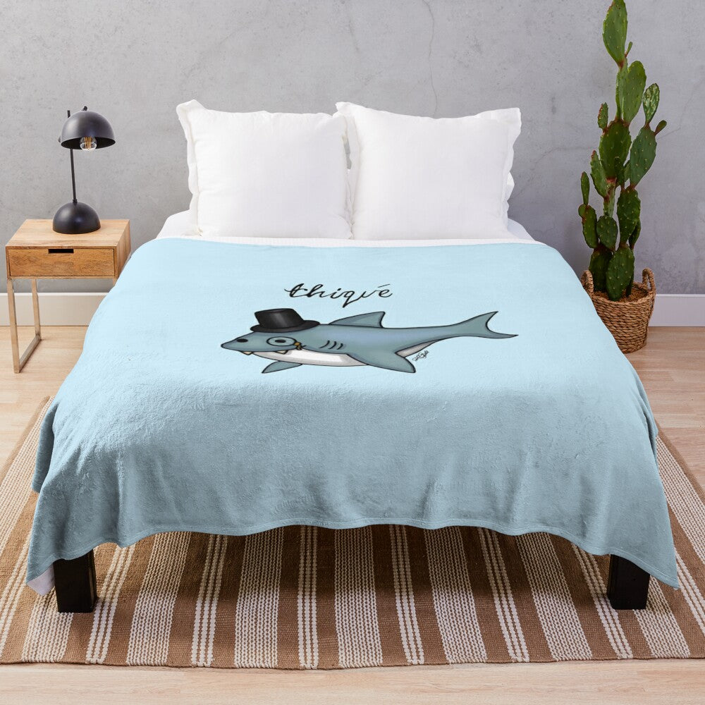 Funny and cute cartoon shark plush blanket with top hat and monocle