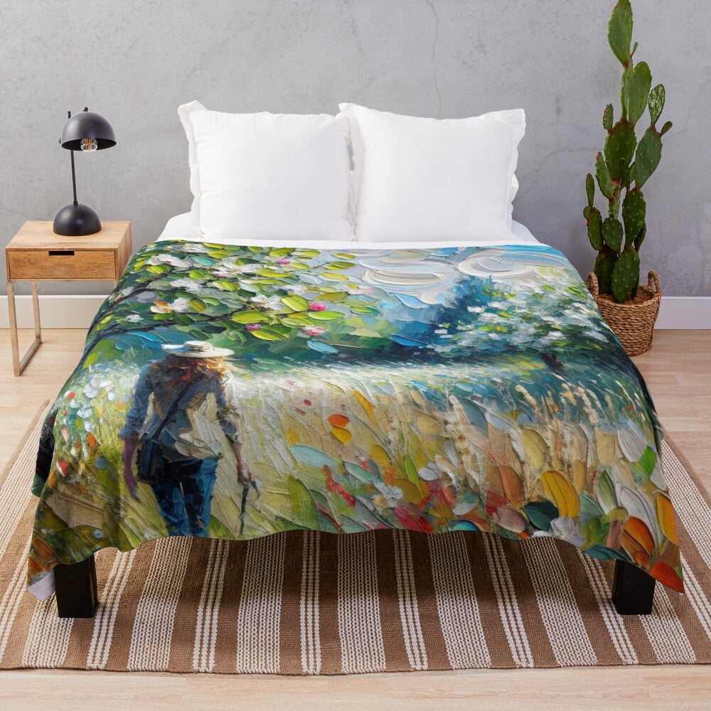 Plush blanket featuring an impressionist-style scene of a woman walking through an orchard in spring