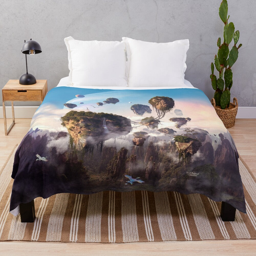 Pandora plush blanket featuring floating mountains and sky