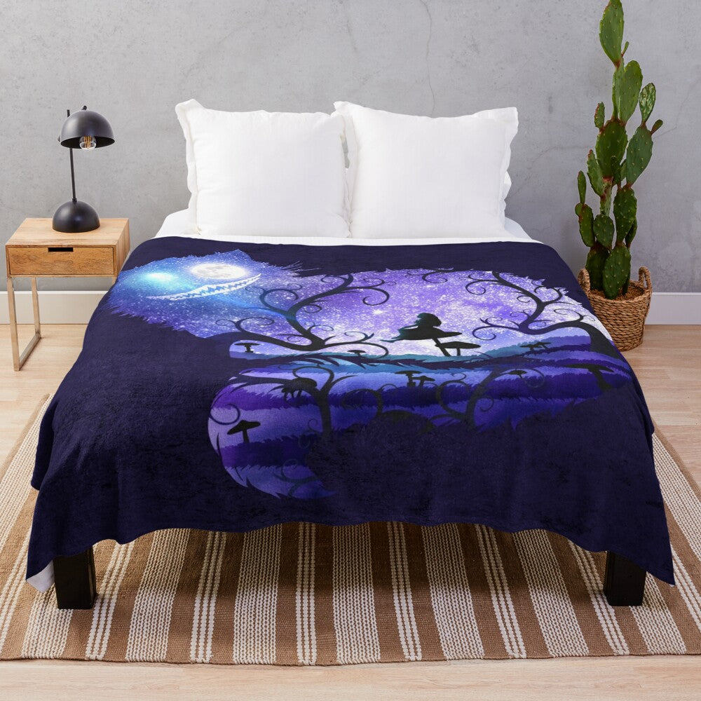 Whimsical plush blanket with Cheshire cat silhouette and stars