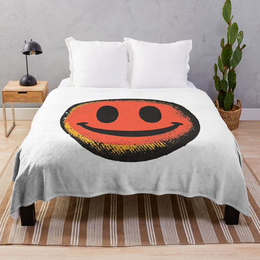 Vintage grunge smiley face art plush blanket with retro pop culture design