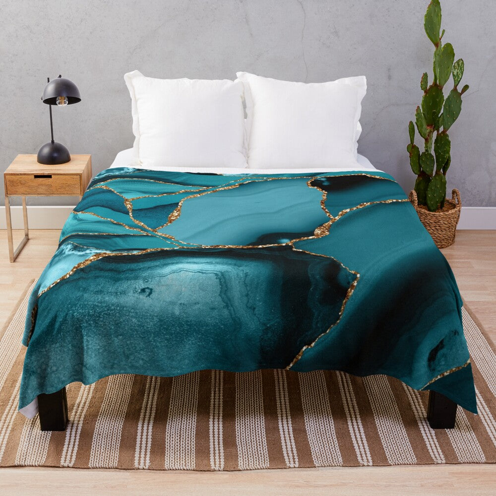 Teal and gold faux marble landscape waves plush blanket