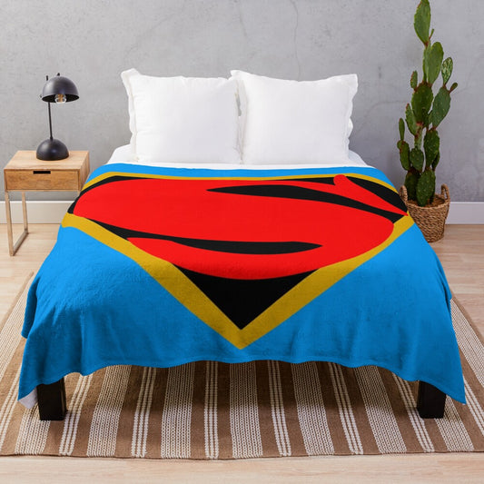 Vintage-inspired superhero plush blanket featuring a classic shield logo