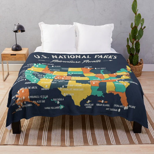 Plush blanket featuring a map of the U.S. national parks for outdoor adventure