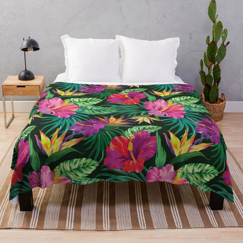 Tropical flower print plush blanket with lush botanical design