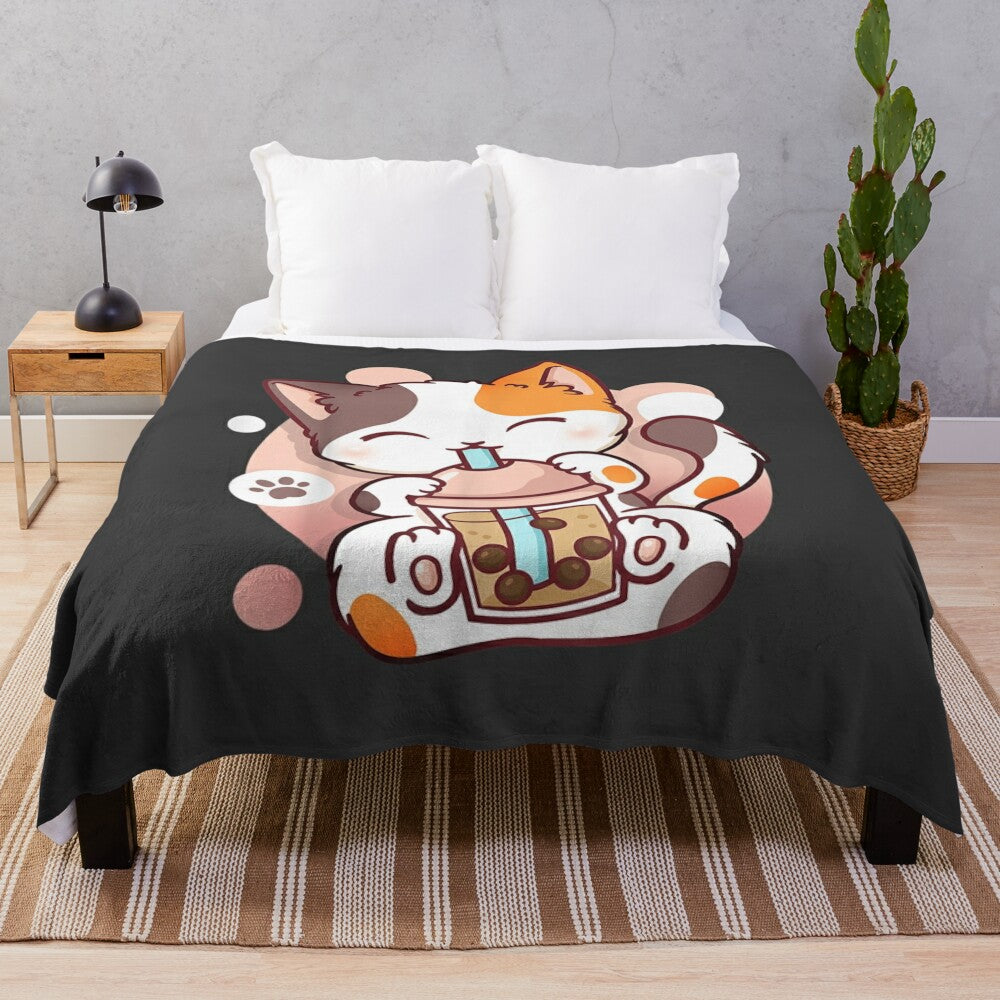 Cozy cat boba tea plush blanket with kawaii anime design