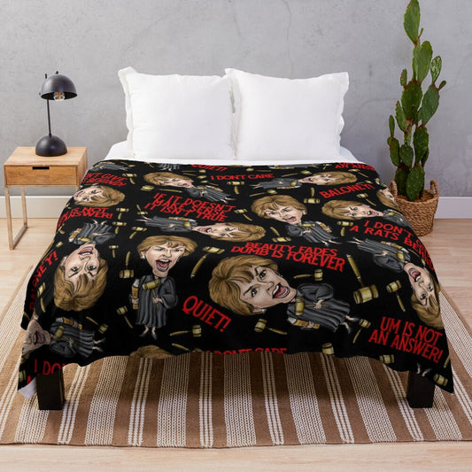 Black plush blanket featuring a Judge Judy print design