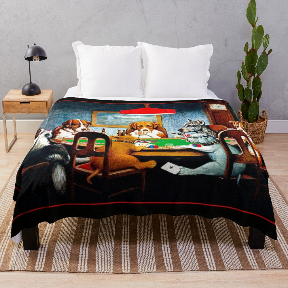 Vintage-inspired plush blanket featuring the classic "Dogs Playing Poker" artwork by C.M. Coolidge