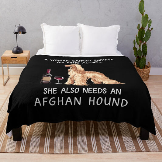 Afghan Hound dog breed in a funny design with wine on a high-quality plush blanket