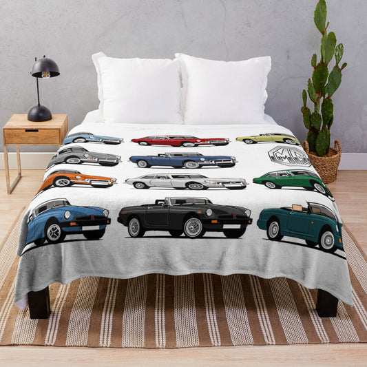 Retro MGB, MGC and RV8 inspired plush blanket featuring cartoon car designs