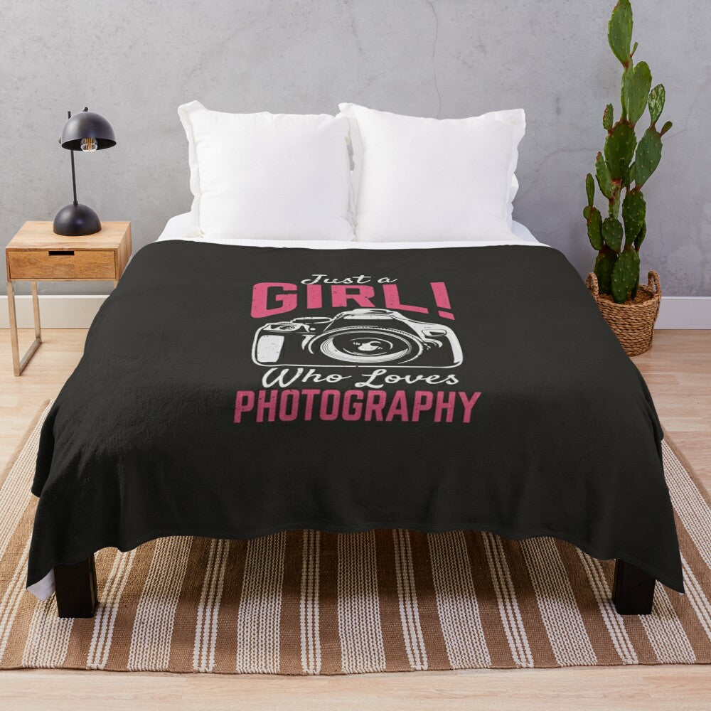 Photography Plush Blanket featuring a camera and the text "Just a Girl Who Loves Photography"