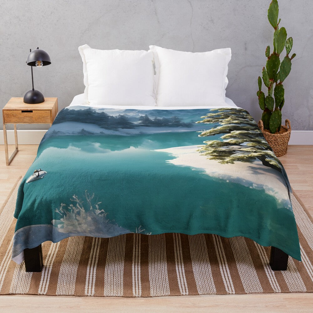 Plush blanket featuring a snowy winter landscape with a frozen lake and bonsai tree