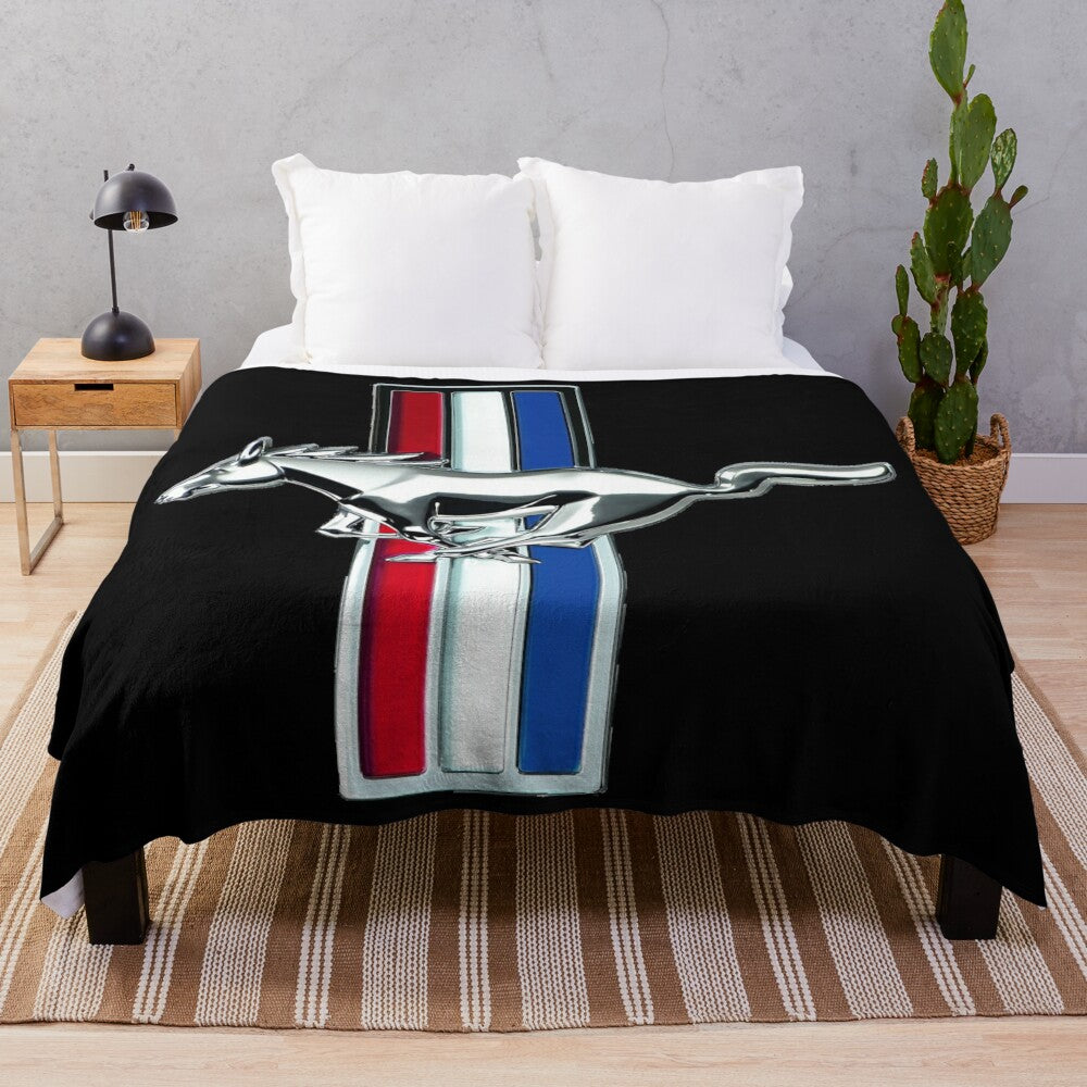 Vintage-inspired plush blanket featuring a high-resolution graphic of a classic Mustang emblem