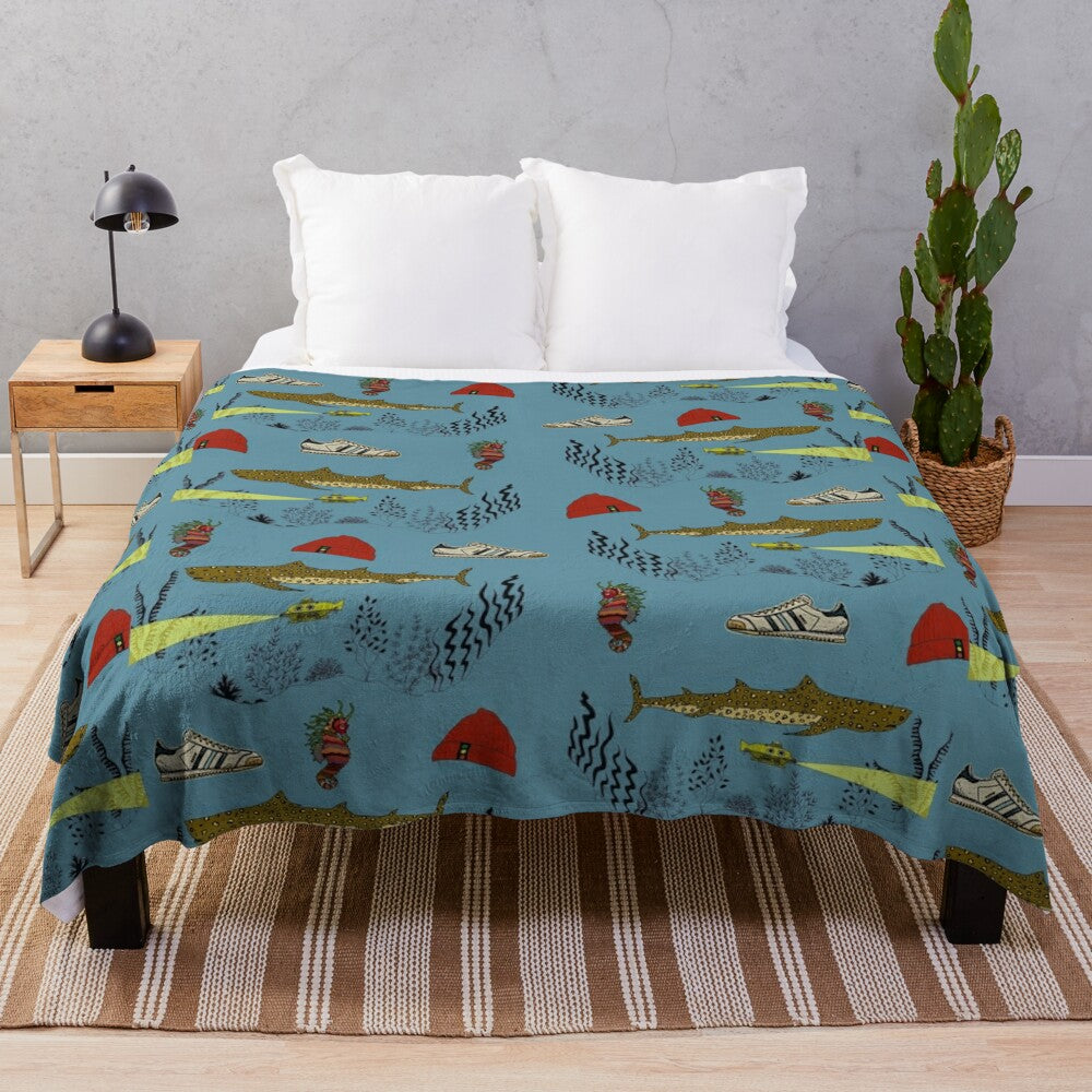 Plush blanket featuring the underwater pattern from the Wes Anderson film The Life Aquatic with Steve Zissou