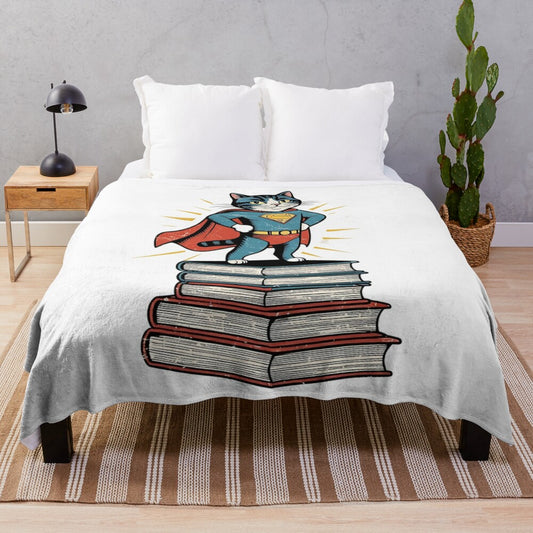 Whimsical illustration of a superhero cat standing on a stack of books