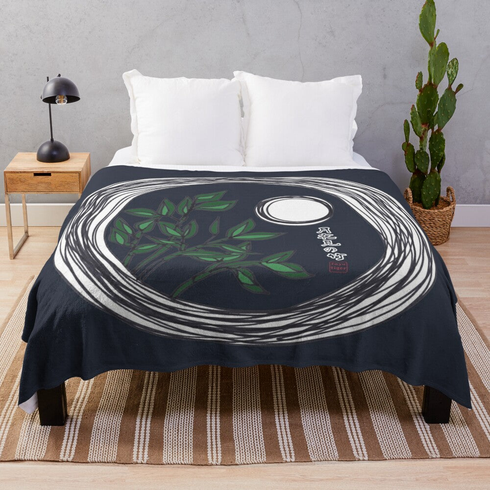 Plush blanket with hand-drawn bamboo and moon illustration