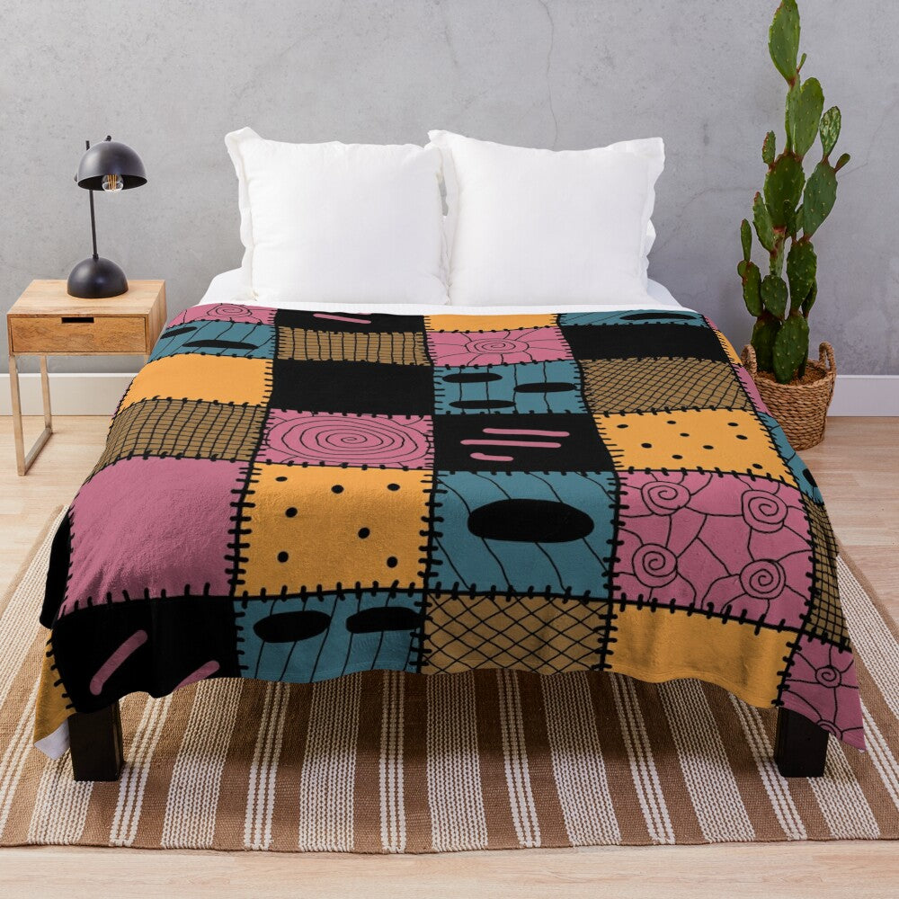 Cozy patchwork plush blanket with a spooky Nightmare Sally inspired pattern