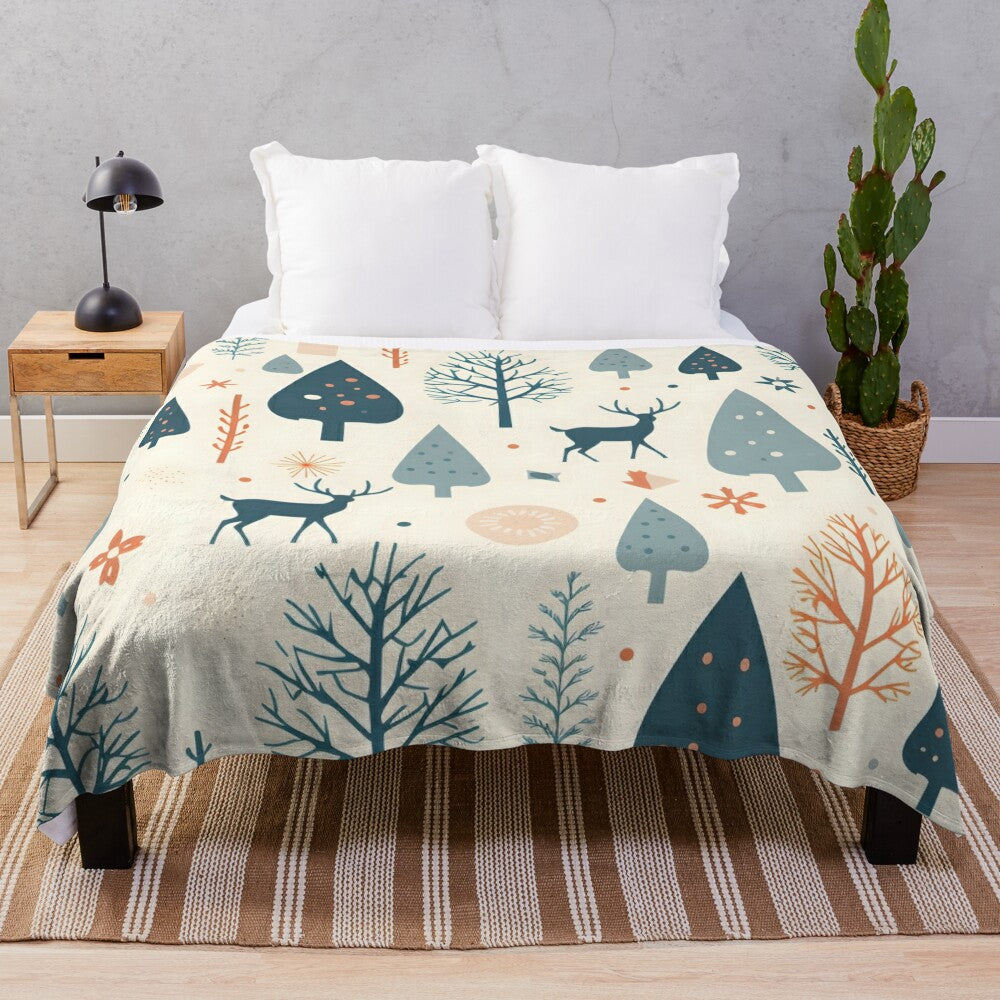 Sepia-toned plush blanket with winter landscape and deer design