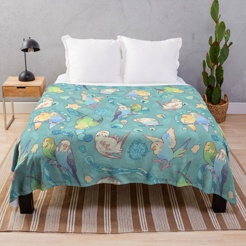 Soft and cuddly plush blanket with a cute budgie bird pattern in teal and blue shades