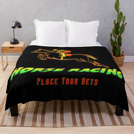 Plush blanket with a horse racing design