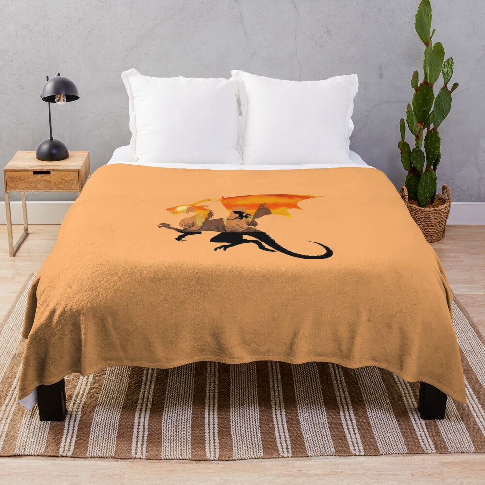 Cozy dragon-themed plush blanket with fantasy creature silhouette design