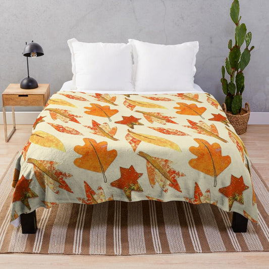 Warm yellow autumn leaf patterned plush blanket