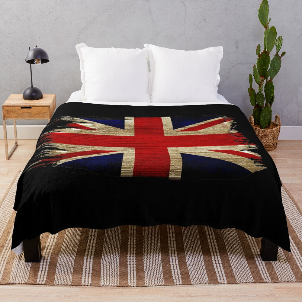 Vintage Union Jack plush blanket with a retro, grunge-style texture