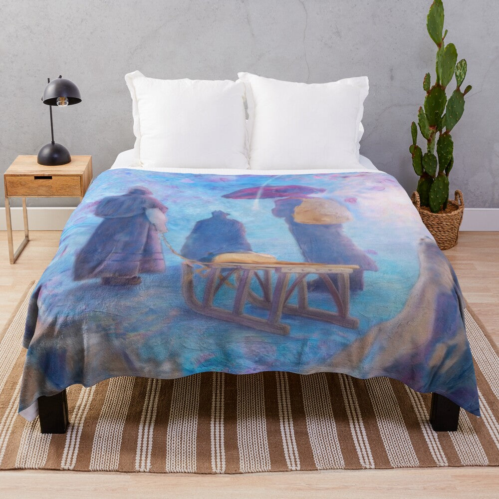 Plush blanket featuring an abstract winter landscape with blue and pastel colors