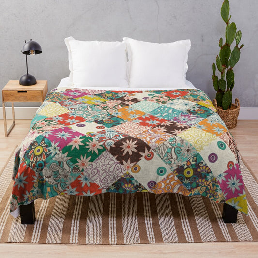 Colorful patchwork plush blanket with floral and vintage patterns