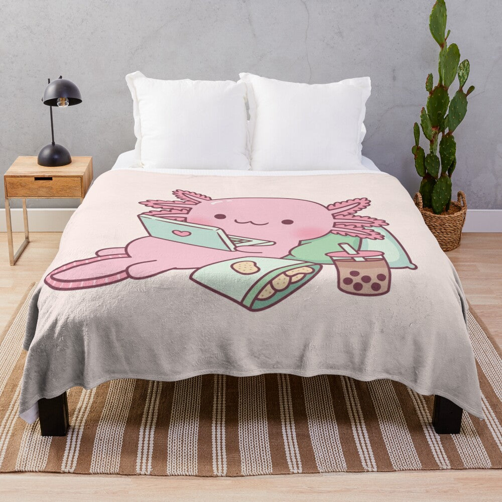 Cute axolotl plush blanket with bubble tea inspired design