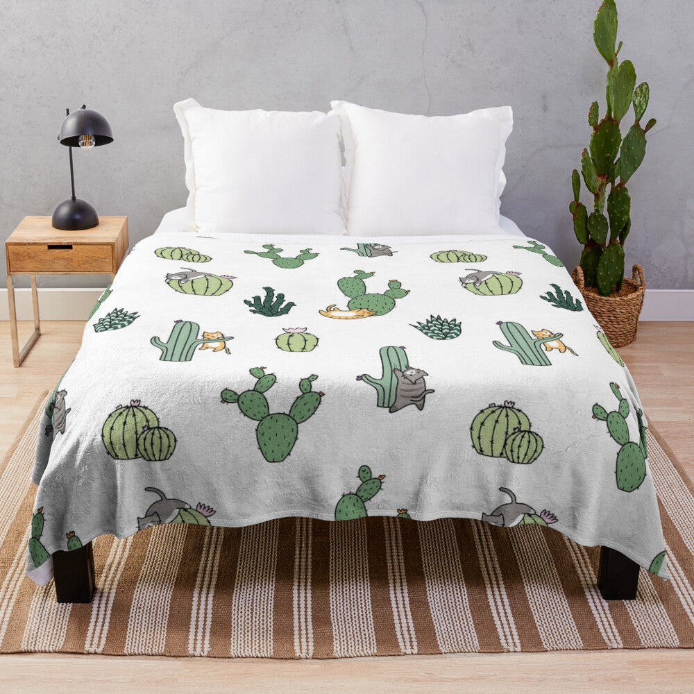 Cacti Cats Plush Blanket with Cute Feline and Cactus Pattern