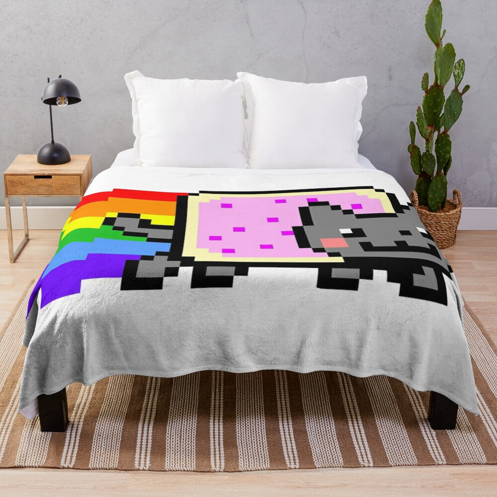 Nyan cat plush blanket with vibrant rainbow design