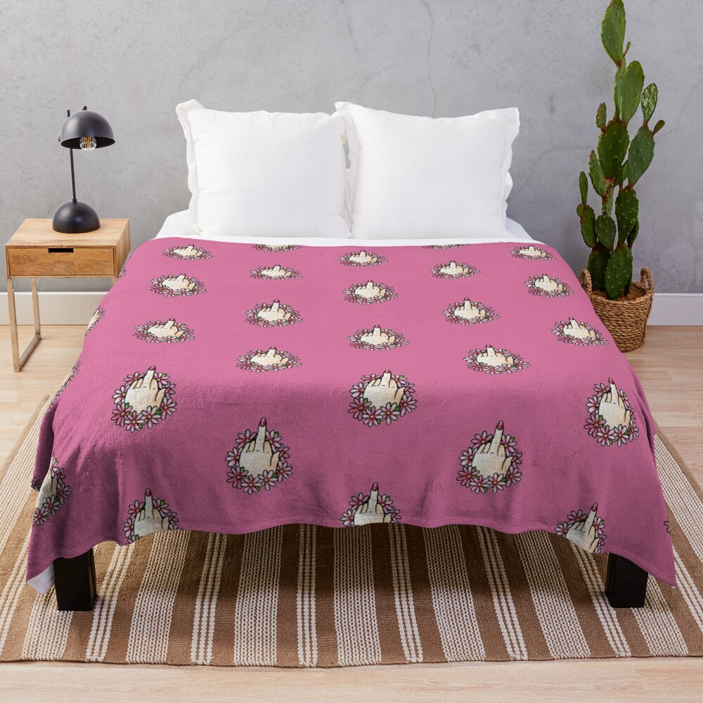 Floral plush blanket with middle finger design