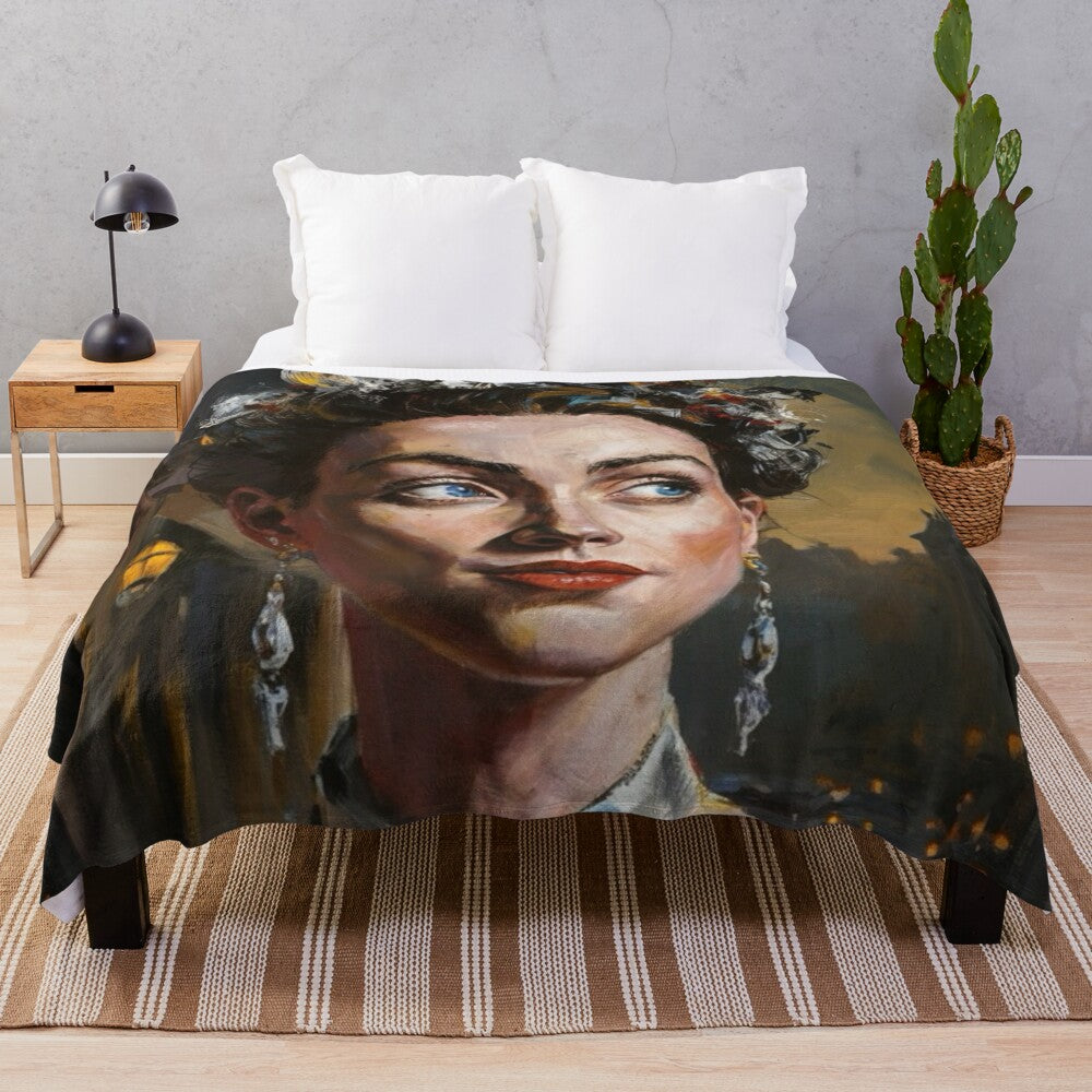 Colorful retro French woman portrait plush blanket