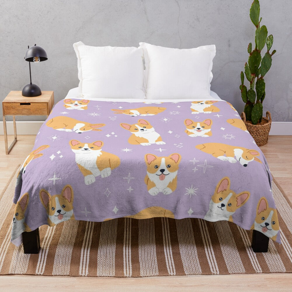 Jolly corgis in a cute and colorful pattern on a purple plush blanket