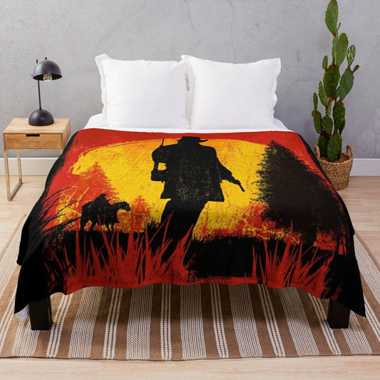 Red Dead Redemption-themed plush blanket with cowboy and sunset design