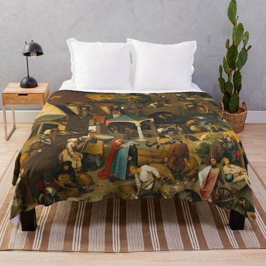 Bruegel the Elder's "The Dutch Proverbs" plush blanket featuring a vintage art landscape painting