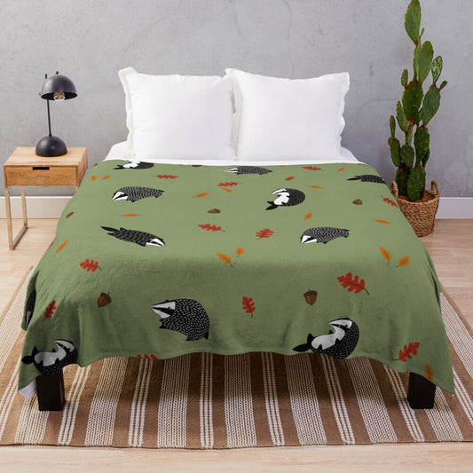 Plush blanket featuring a badger in a fall forest scene