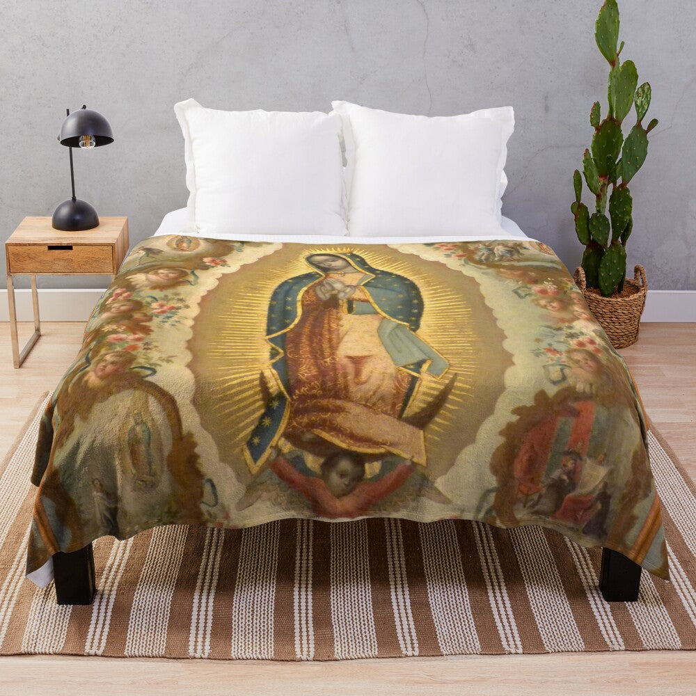 Plush blanket featuring artwork of Virgin of Guadalupe and her four apparitions