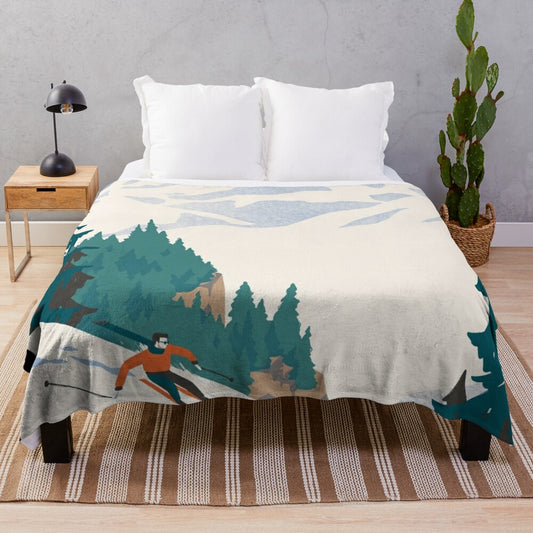 Cozy winter plush blanket with ski illustration