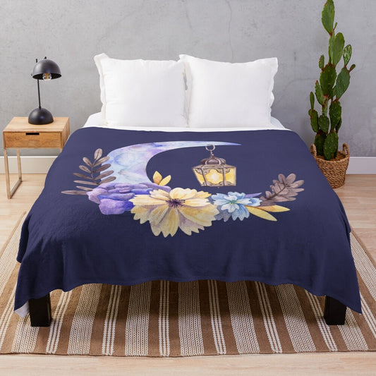 Floral crescent moon and hanging lantern design plush blanket