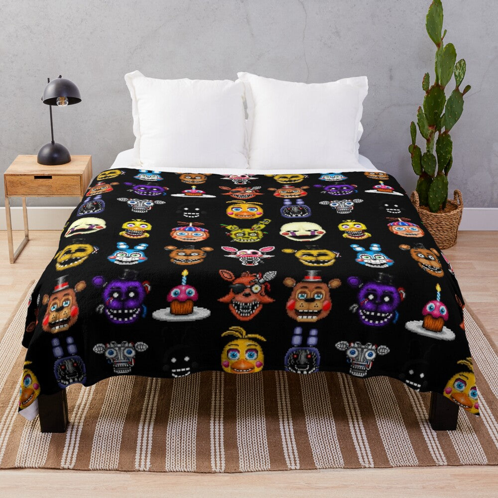 Pixel art inspired Five Nights at Freddy's characters plush blanket