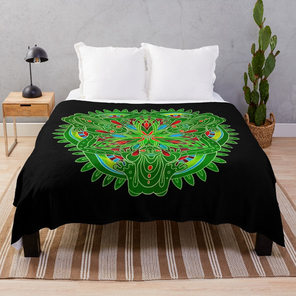 Colorful mandala pattern plush blanket with playful frog design