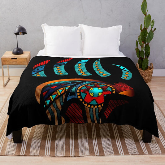 Plush blanket with bear claw inspired native american pattern