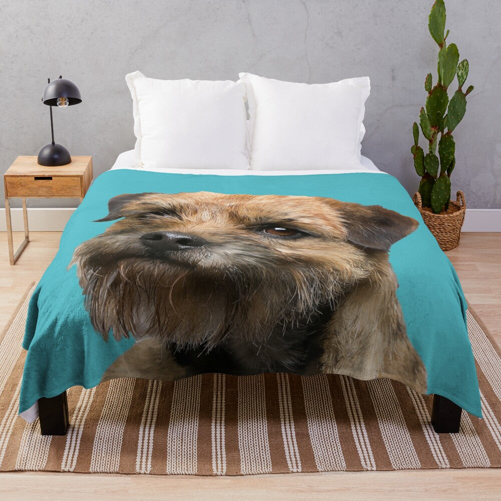 Soft and cuddly plush blanket featuring a border terrier dog portrait