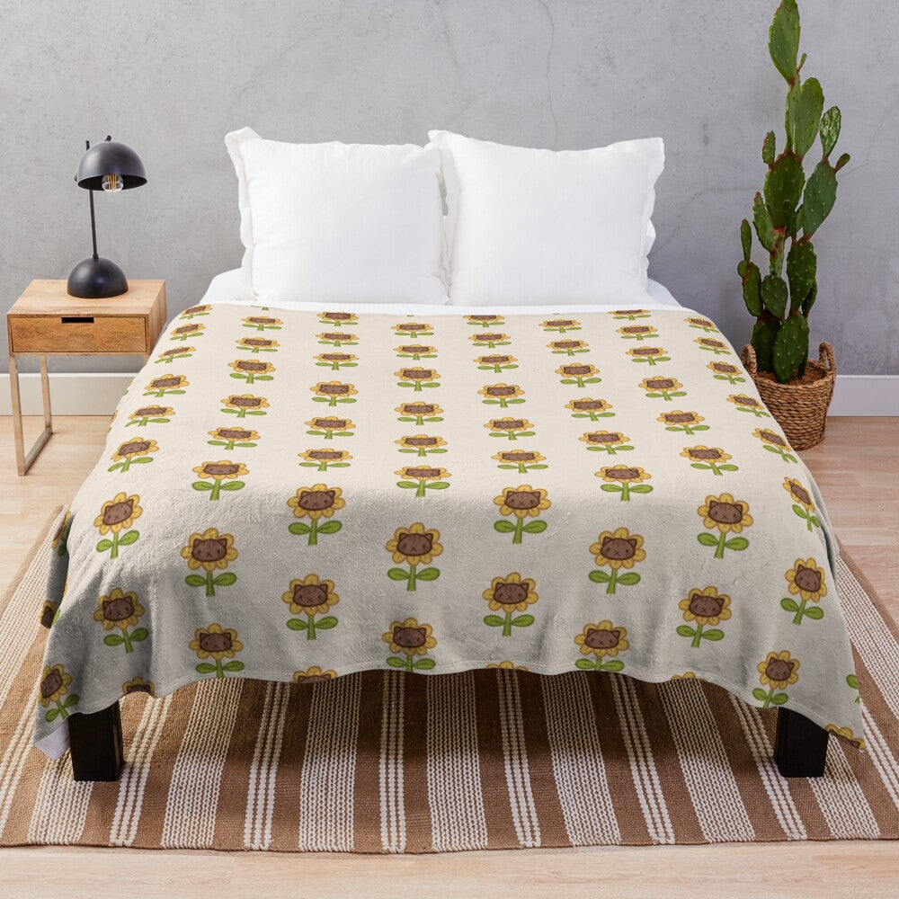 Cute cat sunflower plush blanket