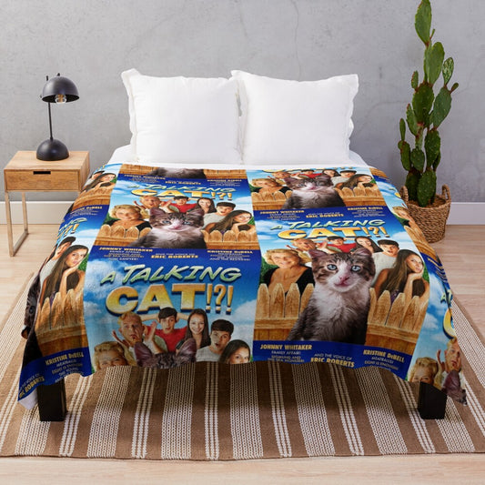 "Plush blanket featuring the cult classic movie 'A Talking Cat!?!'"